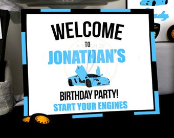 EDITABLE PRINTABLE Powder Blue Supercar Birthday Party Welcome Sign (8 x 10), Blue Supercar Party Welcome Sign, Blue Car Welcome Sign