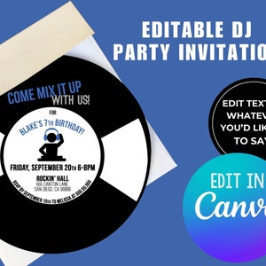 Editable Printable Record Invitation (6 x 6), Music Themed Party Invitation, Blue DJ Party Invitation, Music Party Invitation for Boys