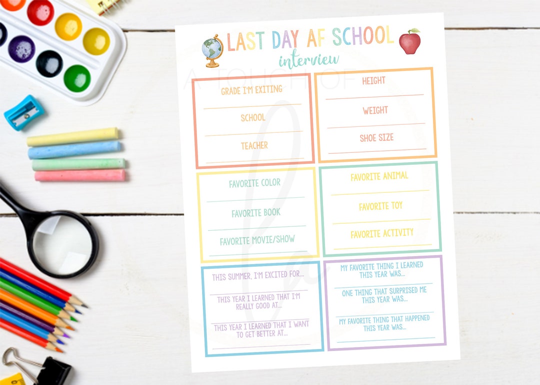 PRINTABLE last Day at School Interview Page, Child End of School ...