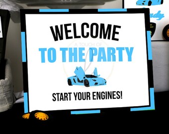 PRINTABLE Powder Blue Supercar Party Welcome Sign (8 x 10), Blue and Black Luxury Sports Car Party Welcome Sign, Blue Car Welcome Sign