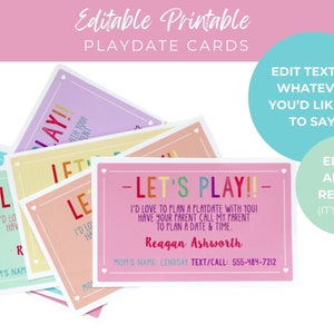 EDITABLE PRINTABLE Girl's Playdate Cards Printable Kid Moving Playdate Cards for Kindergarten Kids Business Cards Mommy Phone Number Cards