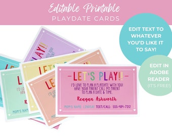 EDITABLE PRINTABLE Girl's Playdate Cards Printable Kid Moving Playdate Cards for Kindergarten Kids Business Cards Mommy Phone Number Cards