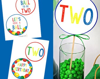 PRINTABLE "It's a Ball to be TWO" Centerpiece Sticks It's a Ball to be Two Cake Topper Digital Let's Have a Ball Second Birthday Circles