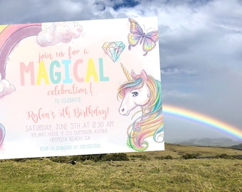 EDITABLE PRINTABLE Magical Unicorn Party Invitation (5 x 7), Rainbow Birthday Unicorn Invitation, Unicorn Themed Rainbow Birthday Invitation