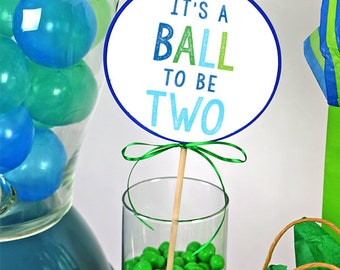 PRINTABLE Blue and Green "It's a Ball To Be TWO" Centerpiece Sticks Let's Have a Ball Cake Topper for Ball Party Print 2-year-old ball decor