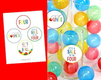 PRINTABLE "It's a Ball to be FOUR" Multicolored Ball Party Small Circles, Multicolored Ball Theme Birthday Party, 4th Birthday Ball Party