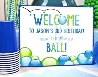 EDITABLE PRINTABLE Blue & Green Ball Party Welcome Sign, Editable Digital Bouncy Ball Party Welcome Sign, Personalized Ball Theme Sign