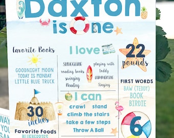 EDITABLE PRINTABLE Beach Themed 1st Birthday Milestone Poster (16 x 20), Personalized Beach Theme First Birthday Favorites Poster