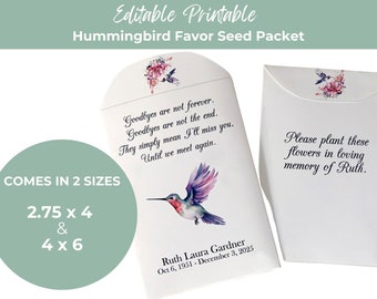 Editable Printable Hummingbird Memorial Favor Seed Packet Hummingbird Celebration of Life Personalized Seed Packets Funeral Service DIY