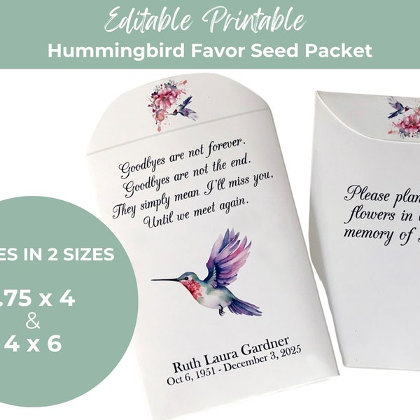 Editable Printable Hummingbird Memorial Favor Seed Packet Hummingbird Celebration of Life Personalized Seed Packets Funeral Service DIY