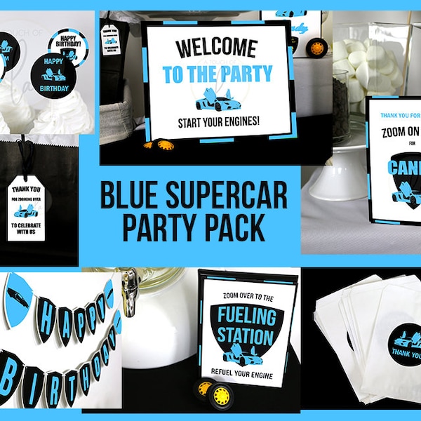 PRINTABLE Blue Luxury Car Party Supplies, Blue Luxury Car Birthday Decorations, Blue Supercar Party Pack, Blue Luxury Car Birthday Supplies