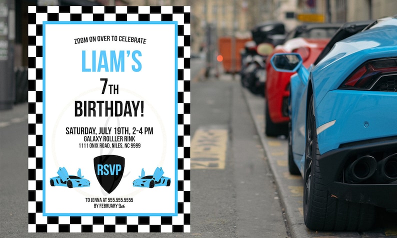 Supercar Party Invite Blue Supercar Party Invitation Editable PDF Invitation EDITABLE PDF Blue Supercar Birthday Party Invitation