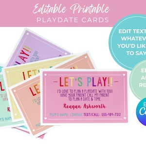 EDITABLE PRINTABLE Girl's Playdate Cards Printable Kid Moving Playdate Cards for Kindergarten Kids Business Cards Mommy Phone Number Cards