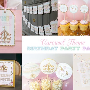 PRINTABLE Carousel Birthday Party Supplies, Carousel Birthday Decorations, Gold Carousel Party Pack, Pink Carousel Party Decorations