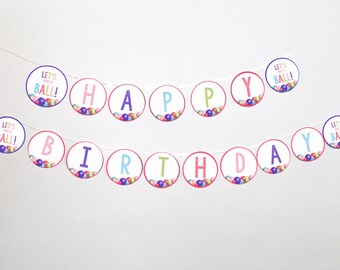 PRINTABLE Pink and Purple Ball Party "Happy Birthday" Banner, Pink & Purple It's a Ball Party Birthday Banner, Girly Ball Theme Party