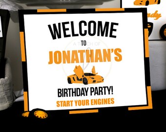 EDITABLE PRINTABLE Powder Orange Supercar Birthday Party Welcome Sign (8 x 10), Orange Supercar Party Welcome Sign, Orange Car Welcome Sign