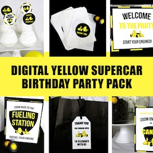 Suministros para fiestas de autos de lujo amarillos IMPRIMIBLES, decoraciones de cumpleaños de autos de lujo amarillos, paquete de fiesta de supercoches amarillos, supercoches amarillos y negros