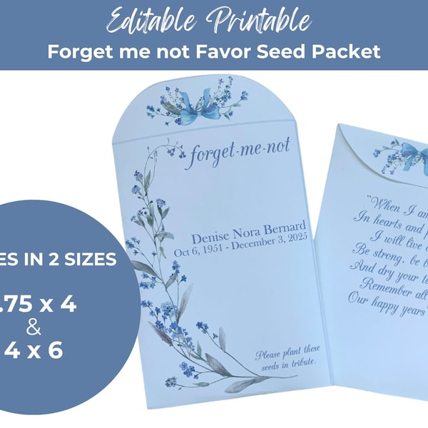 EDITABLE PRINTABLE Forget Me Not personalized seed packet favor memorial service custom funeral favors Funeral Seed Packet Template