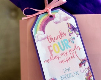 EDITABLE PRINTABLE Magic is FOUR Real Party Favor Tags, Fourth Birthday Unicorn Favors, Magic is 4 Real Birthday Favors, Unicorn Party Tags