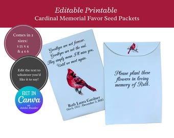 Editable Printable Cardinal Memorial Favor Seed Packet Cardinal Celebration of Life Personalized Seed Packets Funeral Service DIY Seed Favor