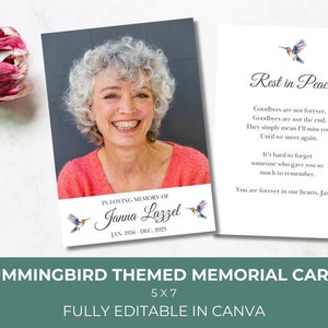 Cartes commémoratives imprimables modifiables de colibri, cartes de prière imprimables de célébration de la vie de colibri, cartes de service commémoratif d'édition en toile