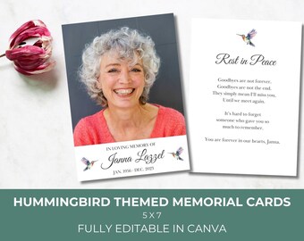 EDITABLE PRINTABLE Hummingbird Memorial Cards, Printable Hummingbird Celebration of Life Prayer Cards, Edit in Canva Memorial Service Cards