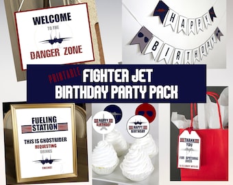 PRINTABLE Fighter Jet Party Pack, Digital Danger Zone Party Decorations, Print Maverick Plane Party Supplies, Pilot Birthday Decorations