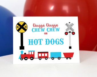EDITABLE PRINTABLE Train Party Food Tents, Editable Digital Chugga Chugga Choo Choo Party Food Signs, Red & Blue Train Party Food Tents