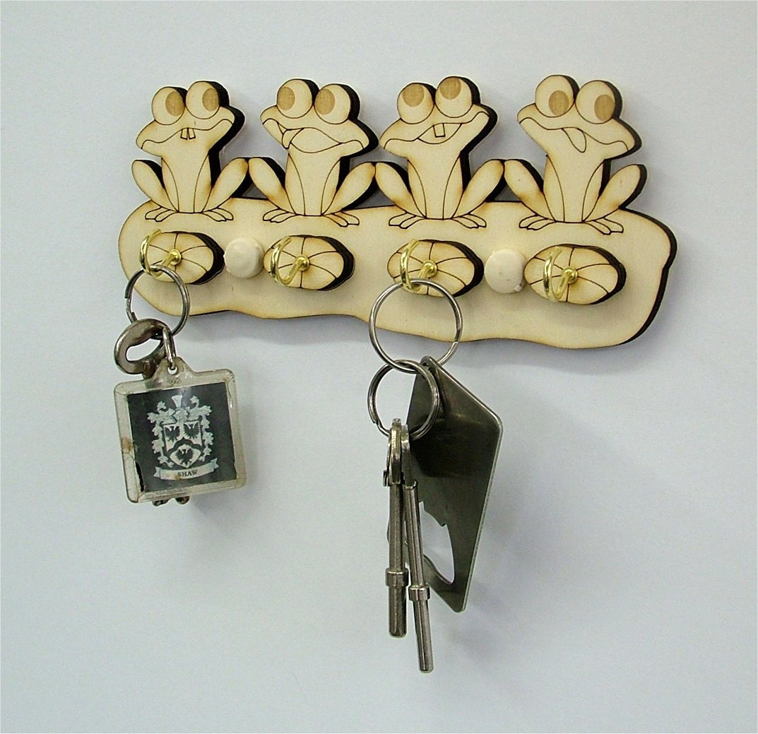Wooden Key Holder 4 Frogs Key Holder 4 Key Brass Coloured Hooks, Key Hanger, Wedding Present