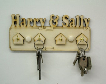 Personalised Wooden Key Holder, Your Names Cut Out, Four Hooks Great Wedding Present/Gift House Warming Gift