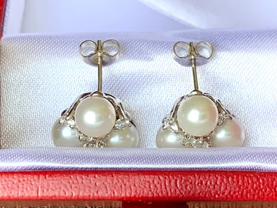 Vintage 14K White Gold Akoya Pearl Diamond earrin… - image 4