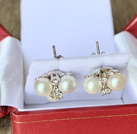 Vintage 14K White Gold Akoya Pearl Diamond earrin… - image 6