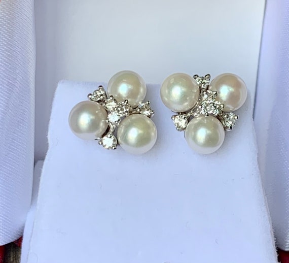 Vintage 14K White Gold Akoya Pearl Diamond earrin… - image 2