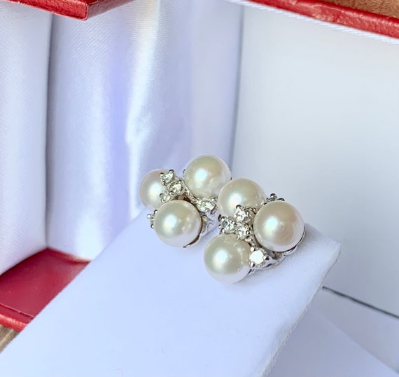 Vintage 14K White Gold Akoya Pearl Diamond earrin… - image 1