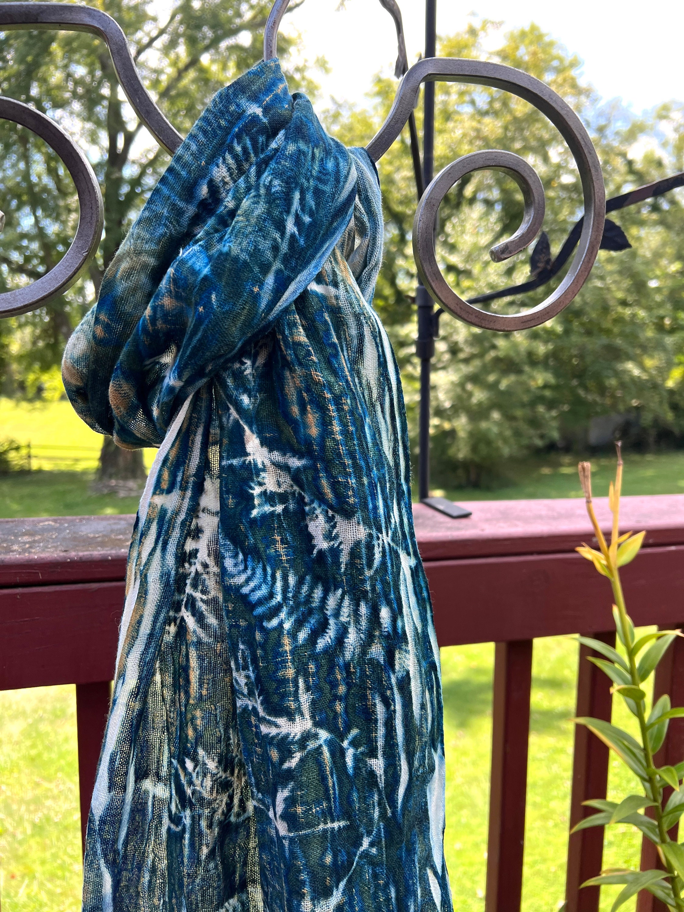 Geranium and Fern Botanical Cyanotype Cotton Scarf Accessories Scarves & Wraps Scarves Soul of Nature Wearable Art Unusual Ecoprint Plant Lover Christmas Gift 