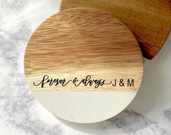 Custom Wood and Marble Coasters - Forever & Always Personalized Coasters Engraved - Engagement Gift for Couple -Valentines Day Gift for Wife