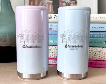 Charleston Bachelorette - Engraved Slim Can Cooler - Rainbow Row - Cheers to Charleston - Bachelorette Party Favors - Girls Weekend