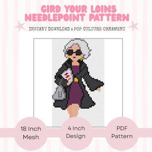 Puede incluir: Patrón de punto de aguja con el texto "GIRD YOUR LOINS" y "POP CULTURE ORNAMENT". El diseño presenta una ilustración pixelada de una mujer con abrigo negro y gafas de sol. El patrón incluye malla de 45,7 cm y un diseño de 10,2 cm.