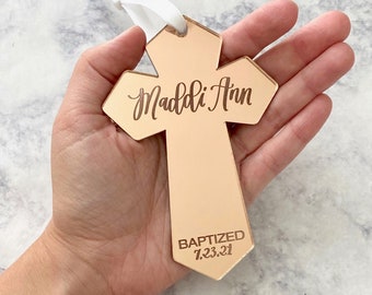 Personalized Baptism Cross Ornament: Engraved Keepsake Gift for Godchild from Godparents