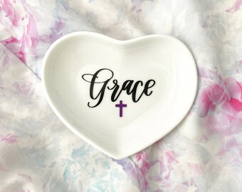 First Communion Gift for Girl - Ring Dish with Cross - Personalized Goddaughter Jewelry Dish - First Holy Communion - First Communion Gift