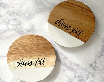 Cheers Yall Coasters Engraved - Bar Cart Decor - First Home Gift - Wood and Marble Coasters - Southern Sayings - Texas Decor