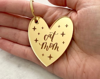 Cat Mom Keychain: Engraved Acrylic Heart with Gold Key Ring