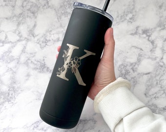 Personalized Stainless Steel Tumbler Engraved - Iced Coffee Tumbler -Bridesmaid Tumbler Engraved Gift - Floral Monogram Travel Coffee Mug