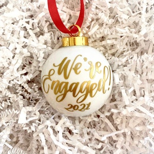 Engagement Ornament 2.5 Champagne Christmas Ornament Just Engaged Gift Wedding Ornament Engaged Ornament White & Gold