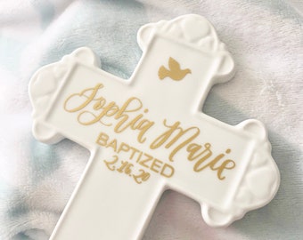 Personalized Baptism Cross Girl - Baptism Wall Cross - White Ceramic Cross - Gift for Goddaughter - Baptismal Cross for Baby Girl