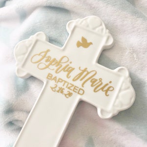 Personalized Baptism Cross Girl - Baptism Wall Cross - White Ceramic Cross - Gift for Goddaughter - Baptismal Cross for Baby Girl