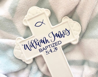 Baptism Wall Cross - Personalized Boys Baptism Cross - White Ceramic Cross - Gift for Godson Baptized