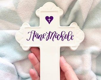 First Communion Gift Girl - Personalized Ceramic Cross  - Custom Baptism Cross - Gift for Godchild - Hanging Wall Cross