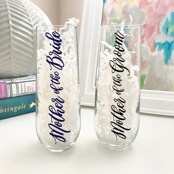 Set of (2) - Mother of the Bride Flute - Mother of the Groom Flute - MOB Gift - Stemless Champagne Flutes