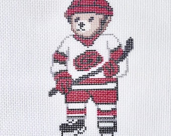 Carolina Hockey Needlepoint Canvas, Canes Fan Needlepoint, Hockey Bear Ornament Canvas, 18 Mesh Printed Needlepoint, Sports Decor